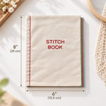 DIY embroidery stitch practice book size guide showing the fabric cover, embroidered lettering and book dimensions