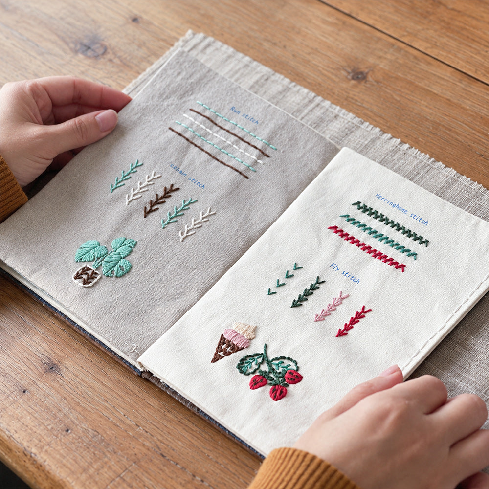 Fabric embroidery stitch book showing herringbone stitches, fly stitches and decorative plant patterns