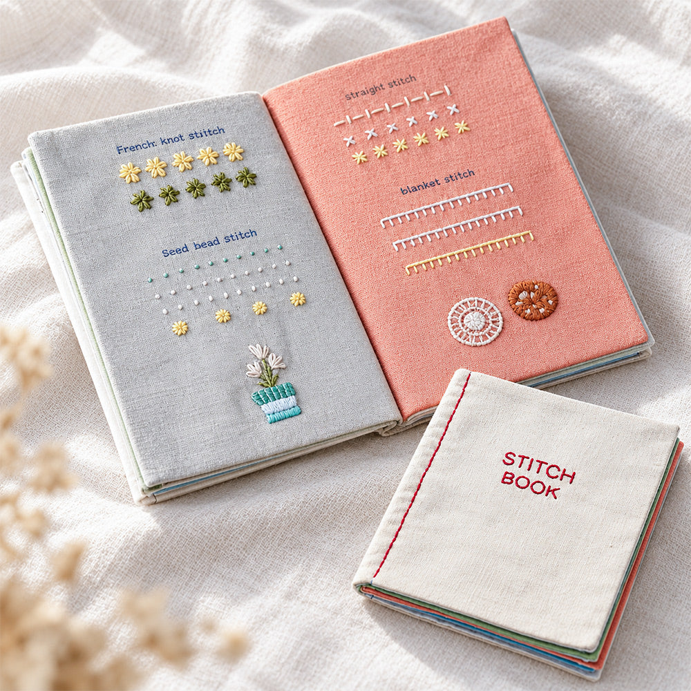 DIY embroidery stitch practice book featuring an open fabric sampler with decorative stitches and a matching embroidered cover
