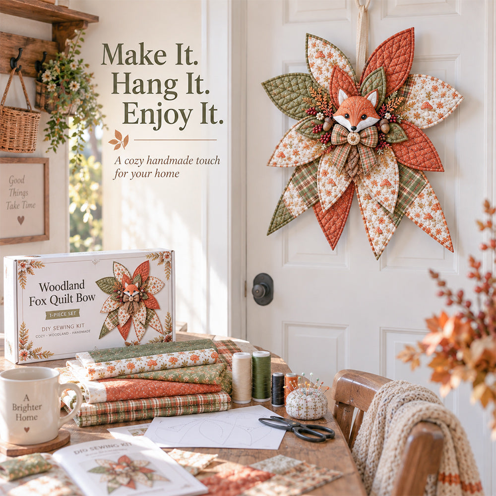 DIY quilted bow sewing kit with craft materials and finished handmade door decor