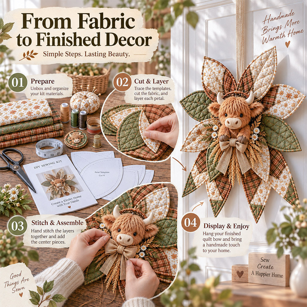 Step-by-step process for making a quilted bow from fabric pieces to finished home decor