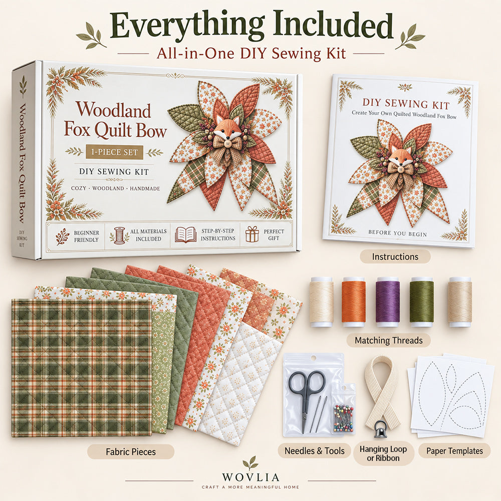 DIY quilted bow sewing kit with fabric pieces, threads, tools, templates and instructions