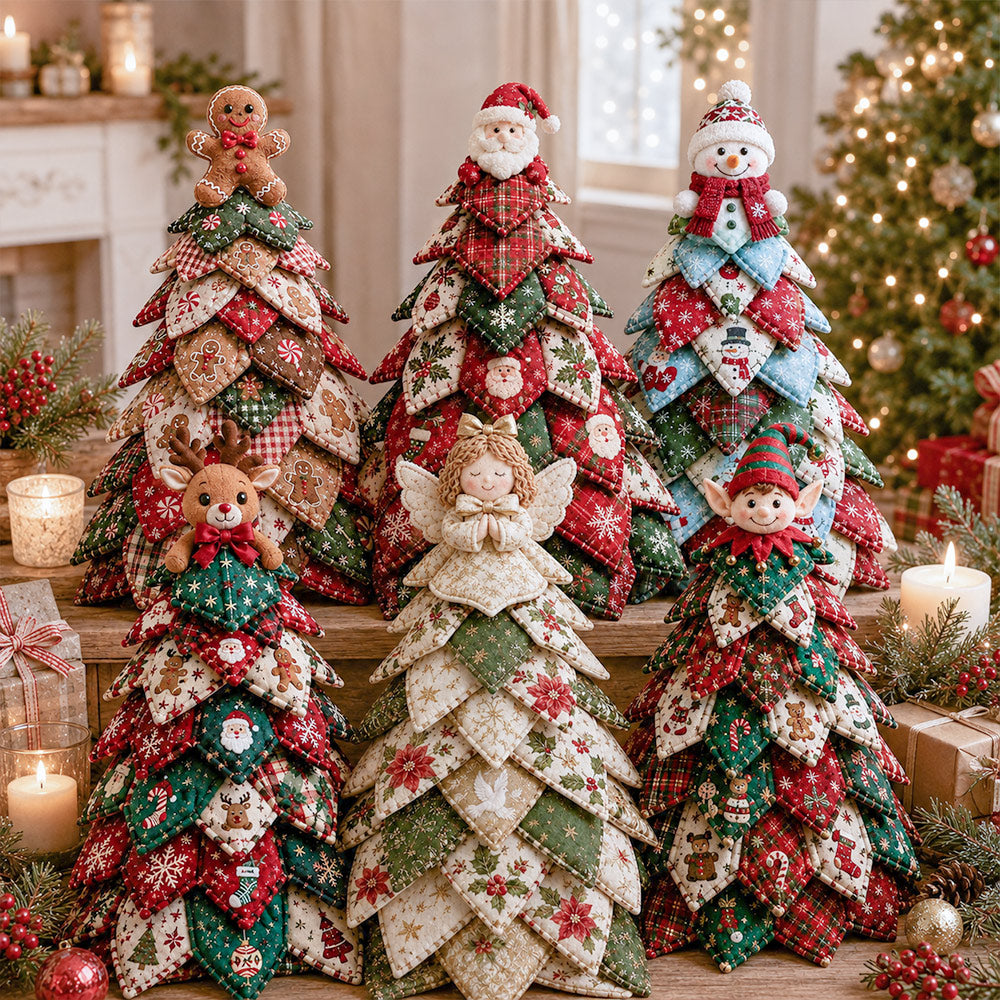DIY Quilted Christmas Tree Kit collection featuring six handmade Christmas tree styles