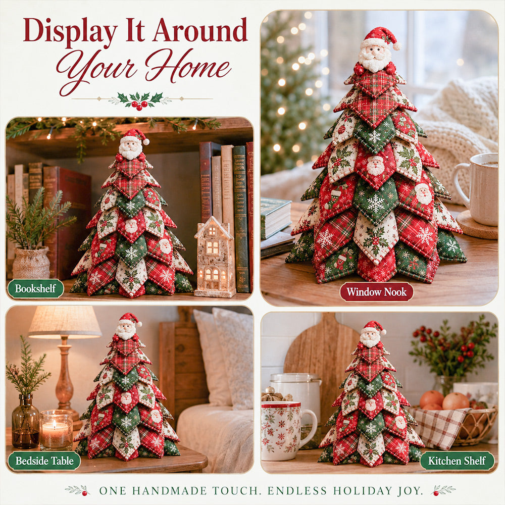 DIY Quilted Christmas Tree Kit displayed around the home on a bookshelf, window nook, bedside table, and kitchen shelf