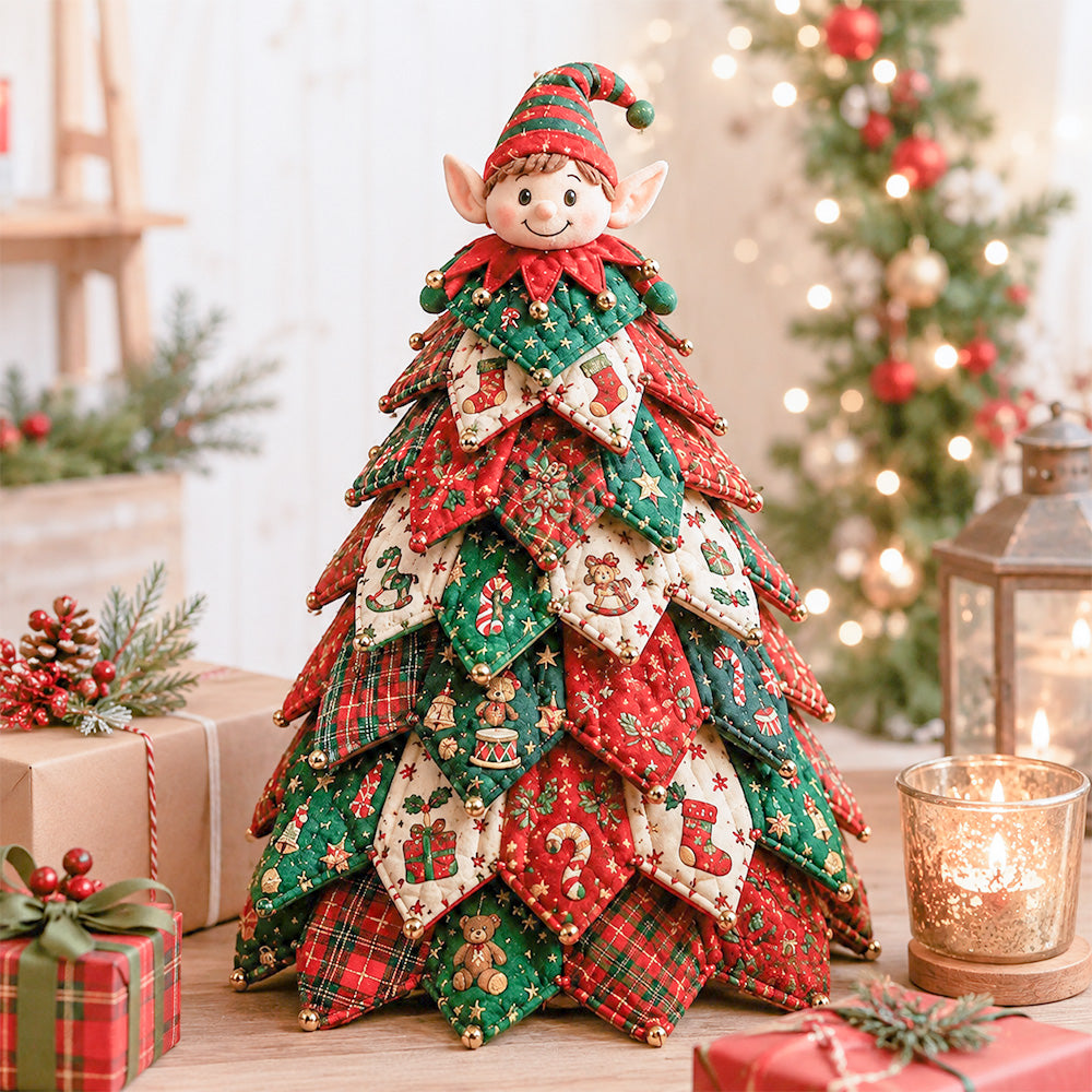 DIY quilted Christmas tree kit with elf topper and festive red green Christmas fabric