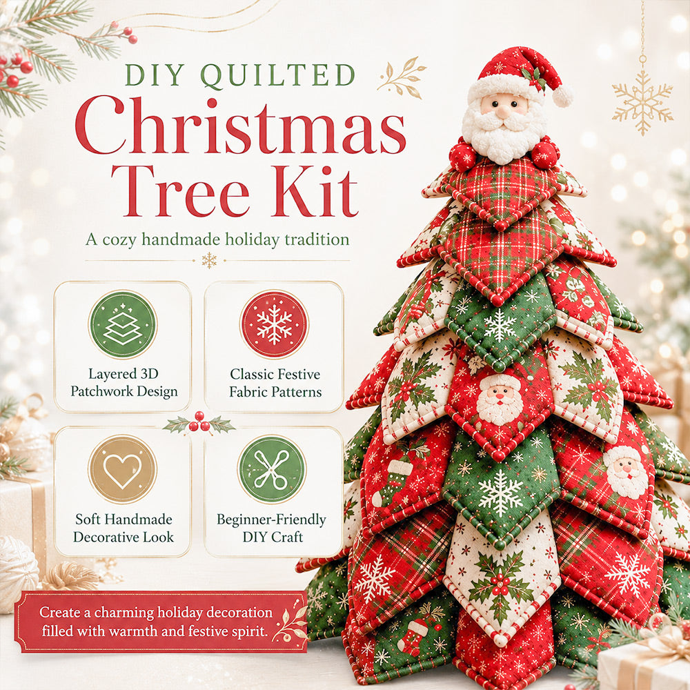 DIY Quilted Christmas Tree Kit with layered patchwork design, festive fabrics, and beginner-friendly handmade craft features