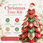 DIY Quilted Christmas Tree Kit with layered patchwork design, festive fabrics, and beginner-friendly handmade craft features