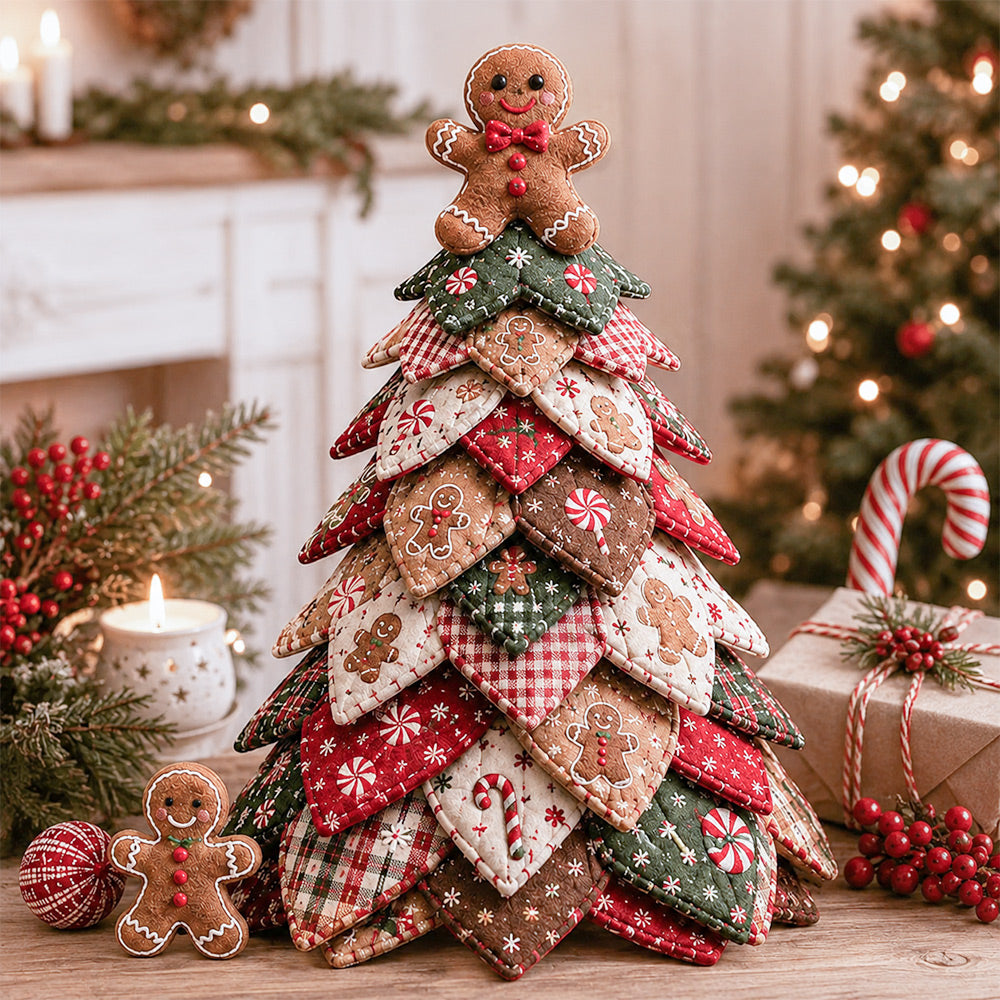 DIY quilted Christmas tree kit with gingerbread topper and festive red and green fabric