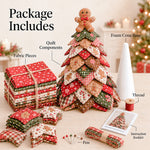 Package includes fabric pieces, quilt components, foam cone base, thread, pins, and instruction booklet for DIY Quilted Christmas Tree Kit