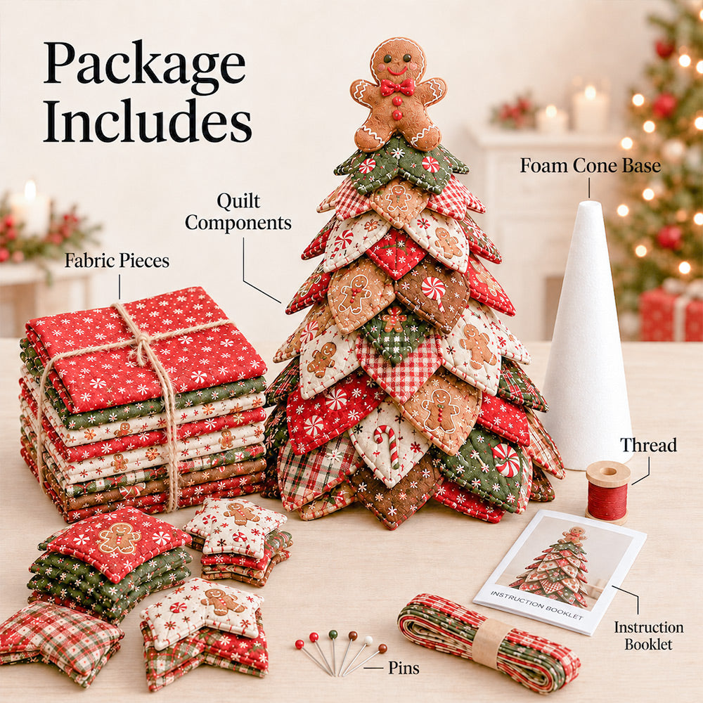 Package includes fabric pieces, quilt components, foam cone base, thread, pins, and instruction booklet for DIY Quilted Christmas Tree Kit