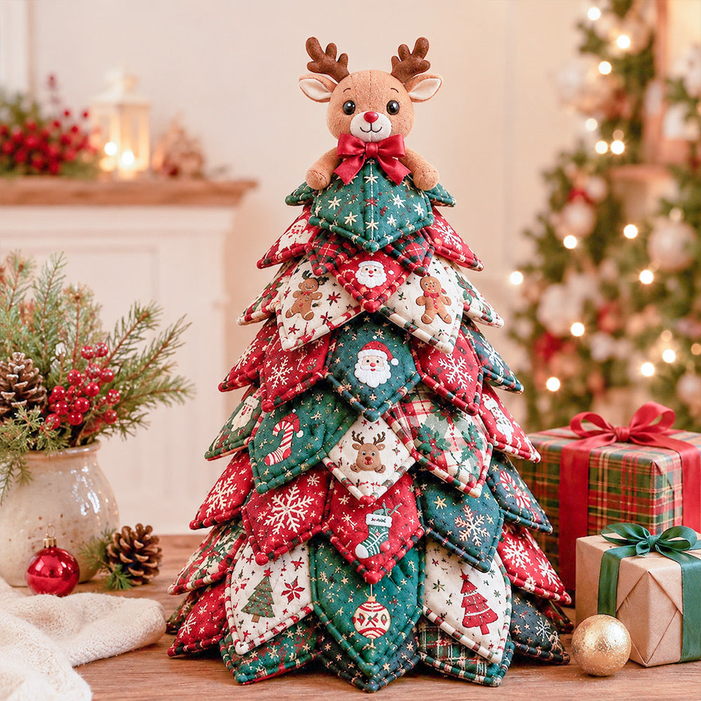 DIY quilted Christmas tree kit with reindeer topper and festive red green fabric