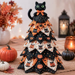 DIY quilted Halloween tree kit with black cat topper, pumpkins and orange black fabric