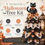 DIY quilted Halloween tree kit with black cat design and key product features