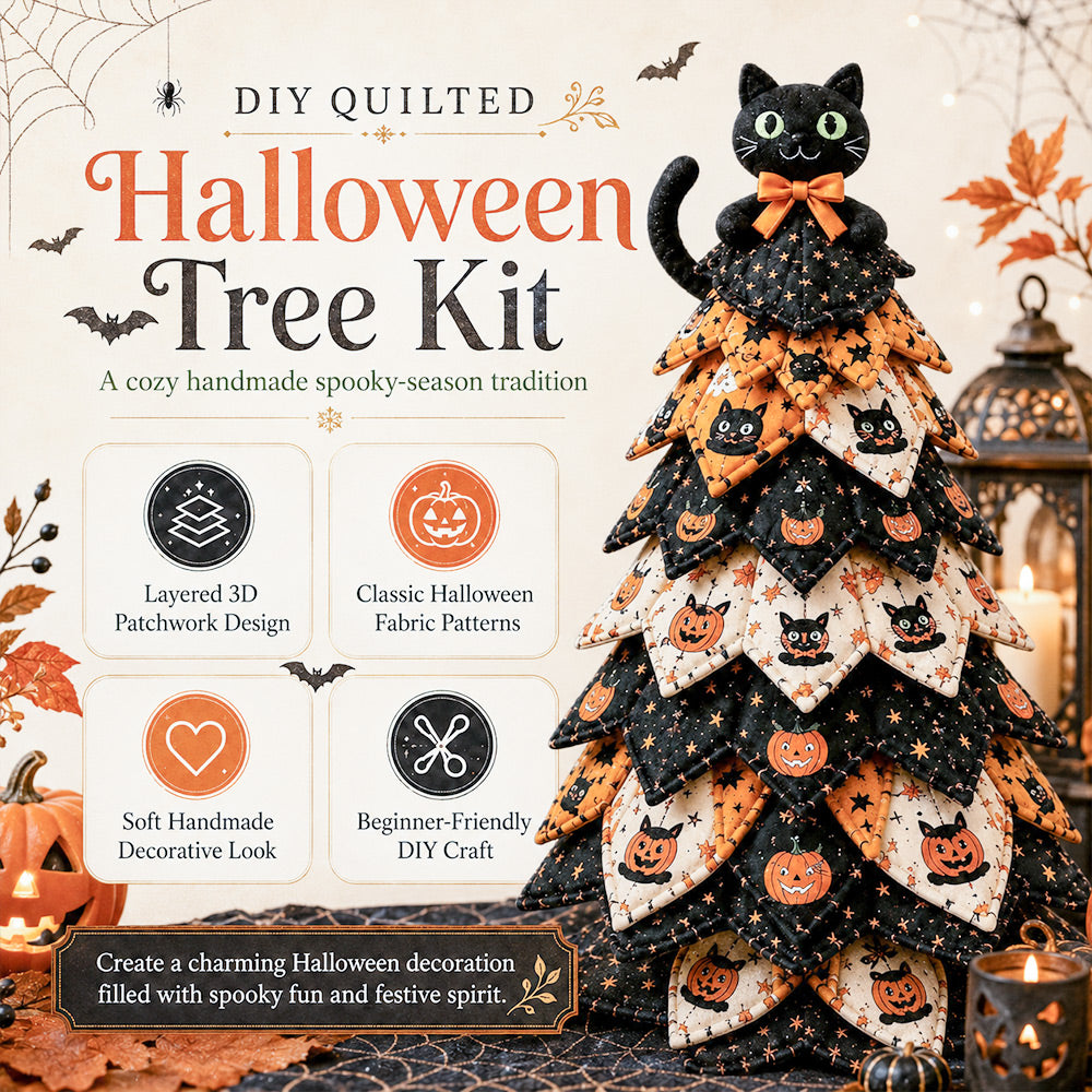 DIY quilted Halloween tree kit with black cat design and key product features