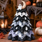 DIY quilted Halloween tree kit with ghost and moon topper and black gray spooky fabric