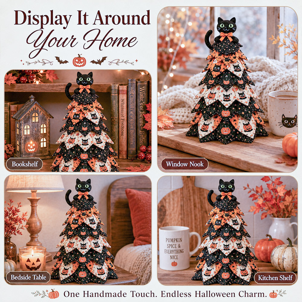Home display ideas for DIY quilted Halloween tree kit on bookshelf, window nook, bedside table and kitchen shelf