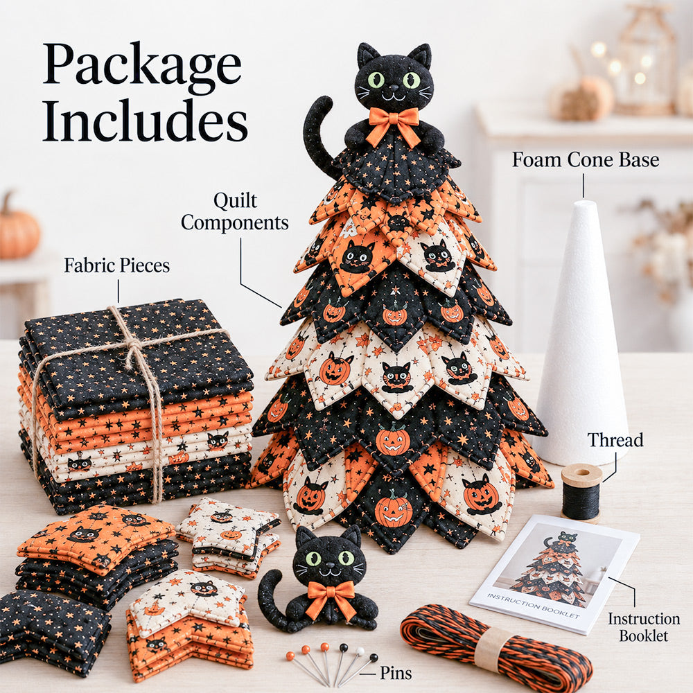 Package includes for DIY quilted Halloween tree kit with fabric pieces, quilt components, foam cone base, thread, pins and instruction booklet