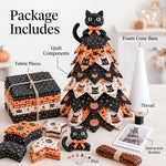 Package includes for DIY quilted Halloween tree kit with fabric pieces, quilt components, foam cone base, thread, pins and instruction booklet