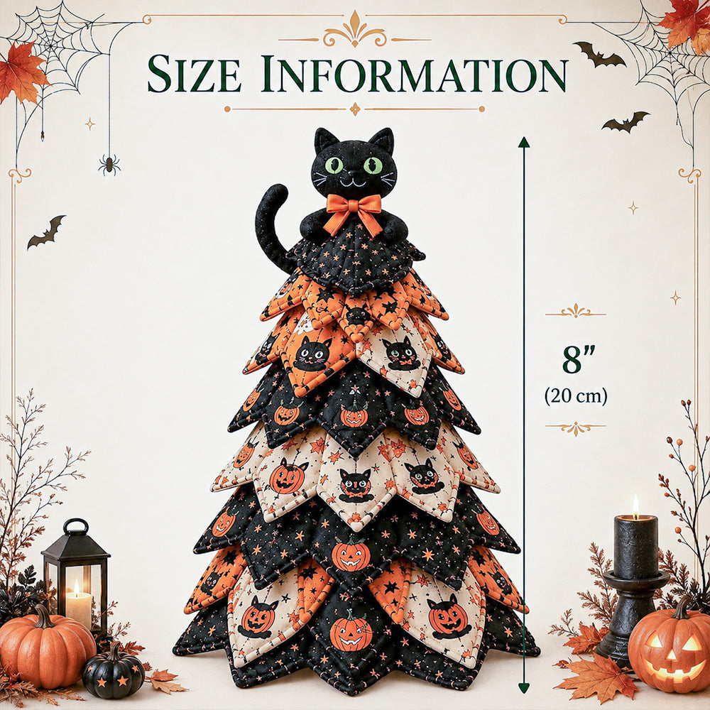 Size information for DIY quilted Halloween tree kit showing 8 inch 20 cm tabletop decor