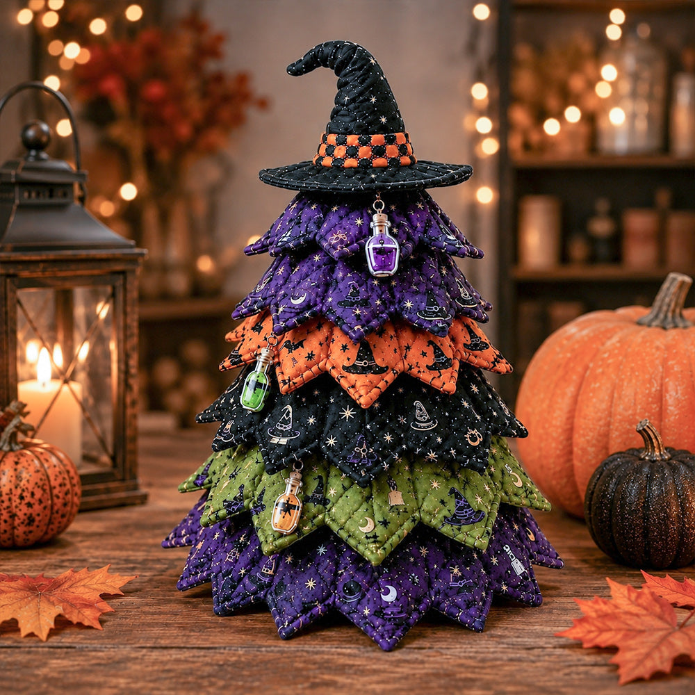 DIY quilted Halloween tree kit with witch hat topper, potion bottles and purple orange fabric