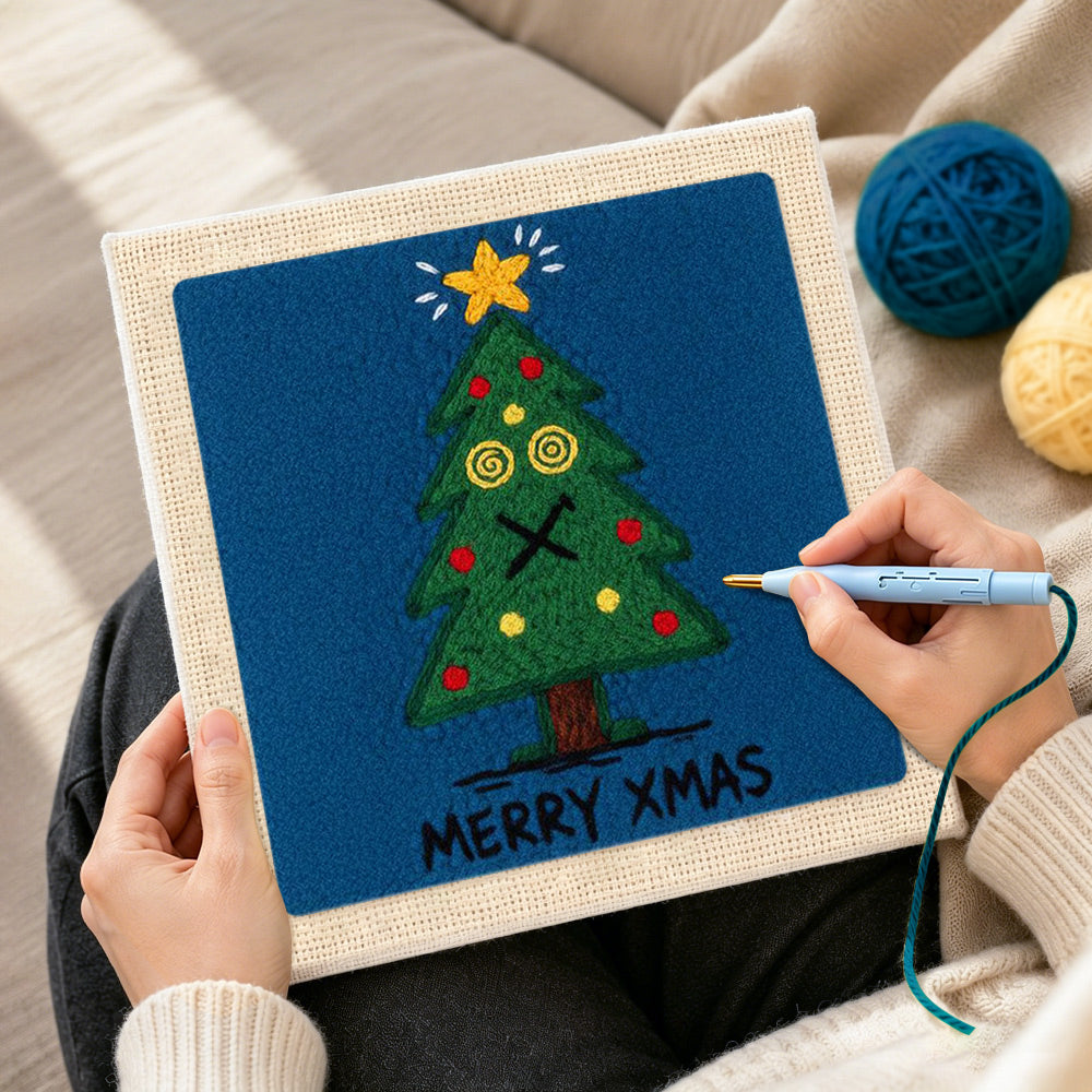 Creating handmade dizzy eyes xmas tree punch needle artwork