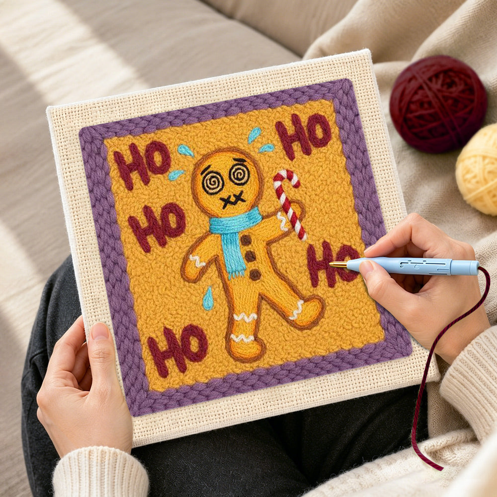 Creating dizzy gingerbread man handmade punch needle artwork
