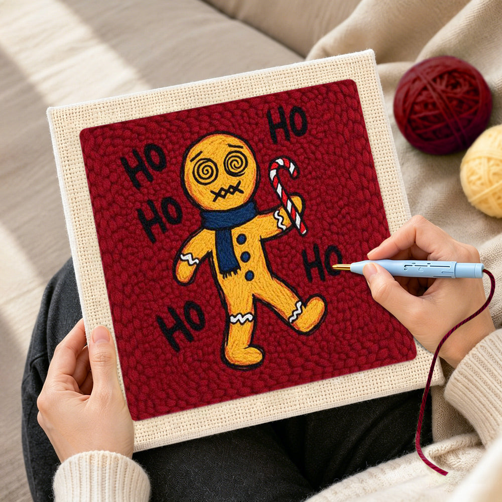 Creating handmade dizzy gingerbread man with candy cane punch needle artwork