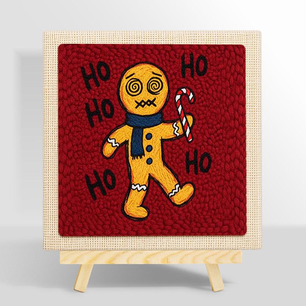 Dizzy gingerbread man with candy cane punch needle kit for beginners