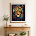 Finished dj leopard with headphones cross stitch artwork displayed as home decor