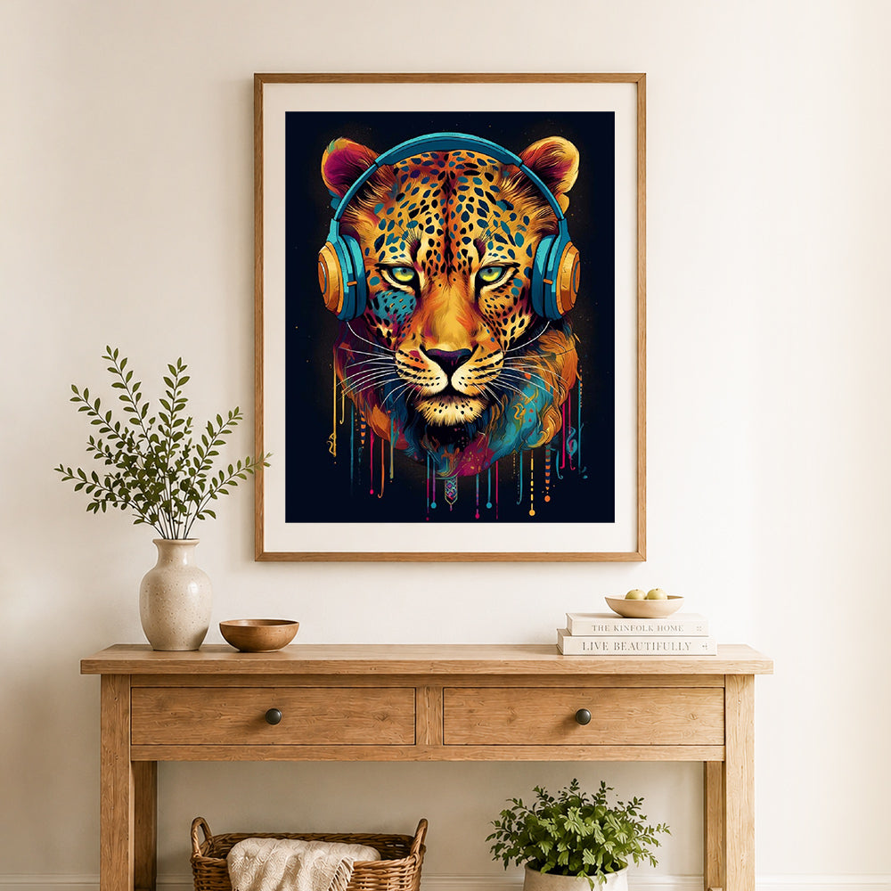 Finished dj leopard with headphones cross stitch artwork displayed as home decor