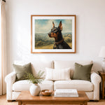 Finished doberman in tuscan countryside cross stitch artwork displayed as home decor