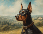 Doberman in tuscan countryside cross stitch kit for beginners