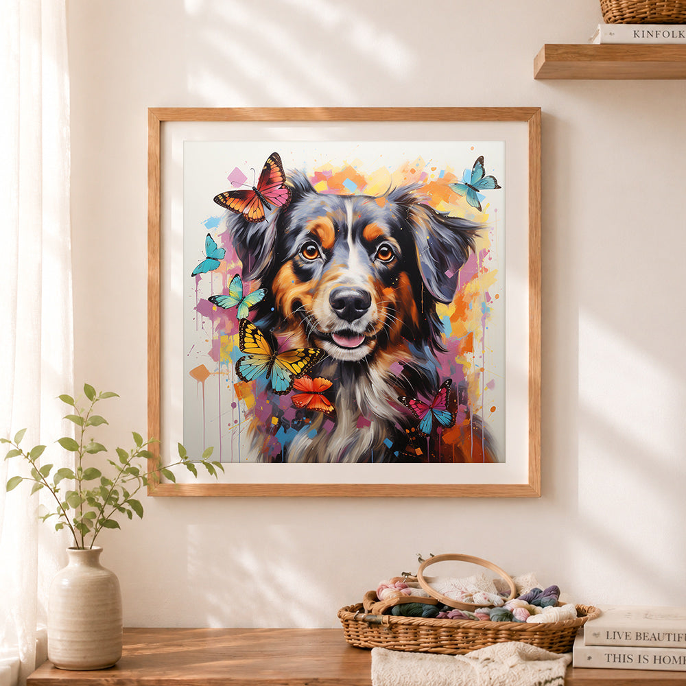 Finished dog with butterflies cross stitch artwork displayed as home decor