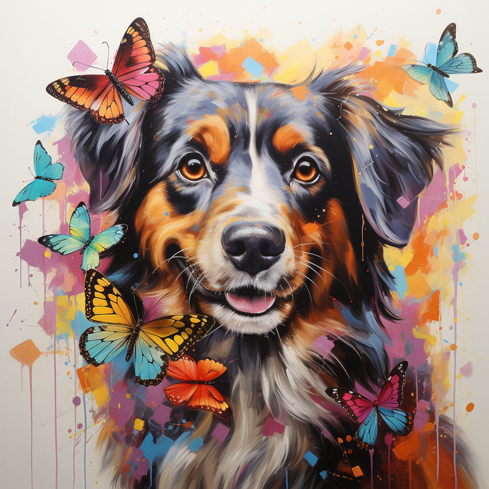 Dog with butterflies cross stitch kit for beginners