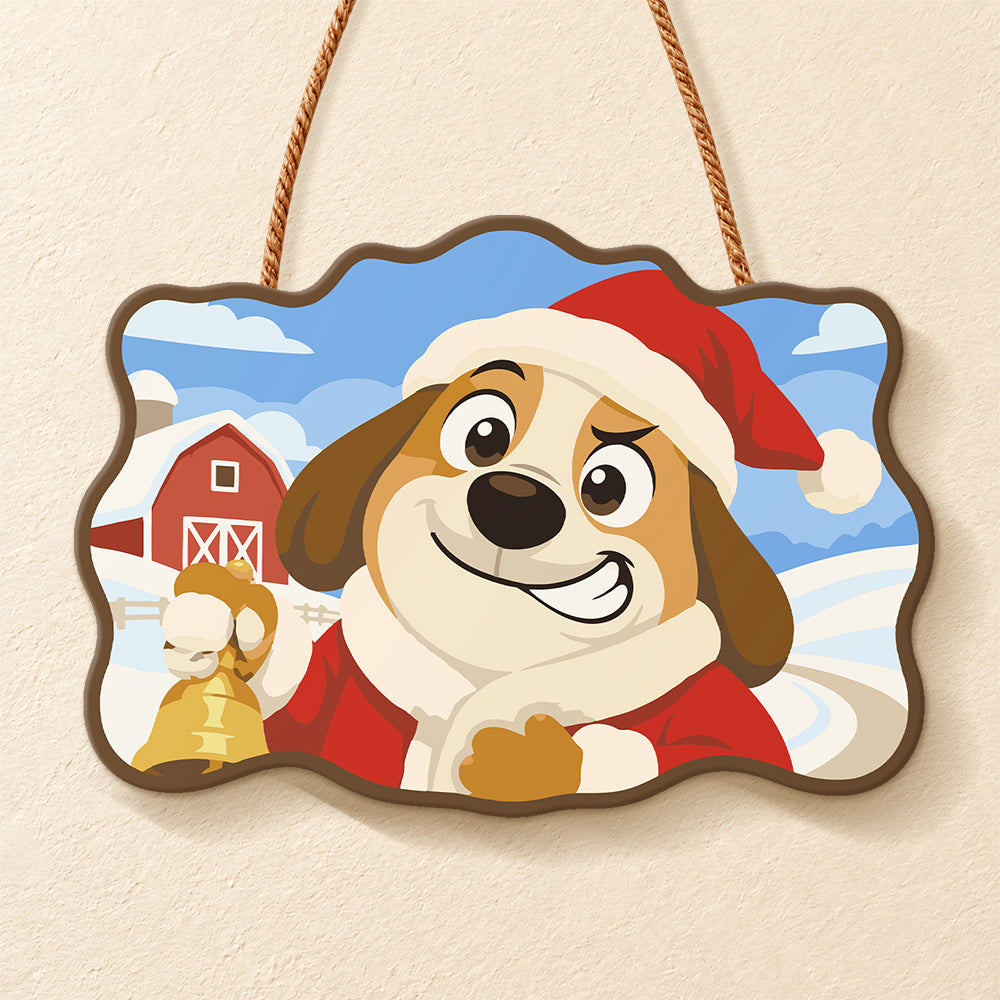 Dog with christmas bell paint by numbers door hanger finished design