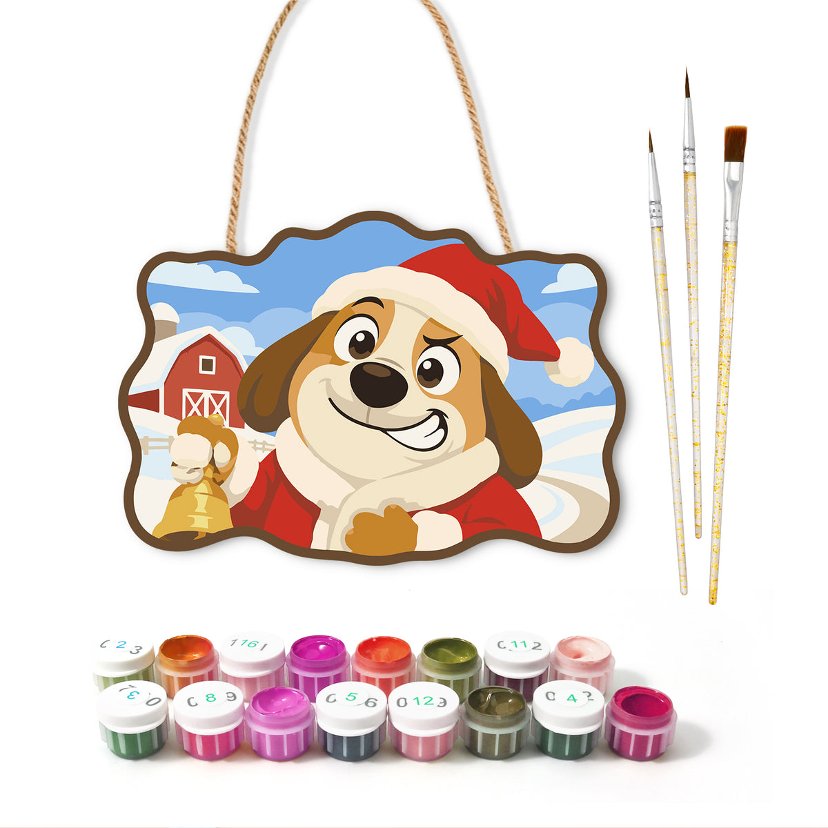 Dog with christmas bell paint by numbers door hanger with paints and brushes