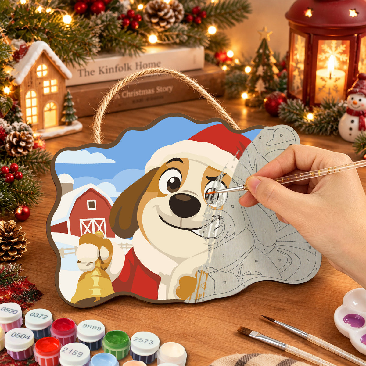 Dog with christmas bell paint by numbers door hanger painting process