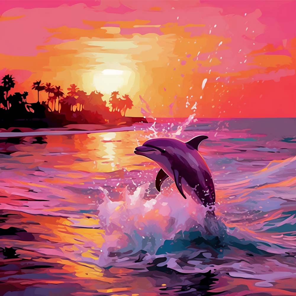 Dolphin jumping at tropical sunset cross stitch kit for beginners