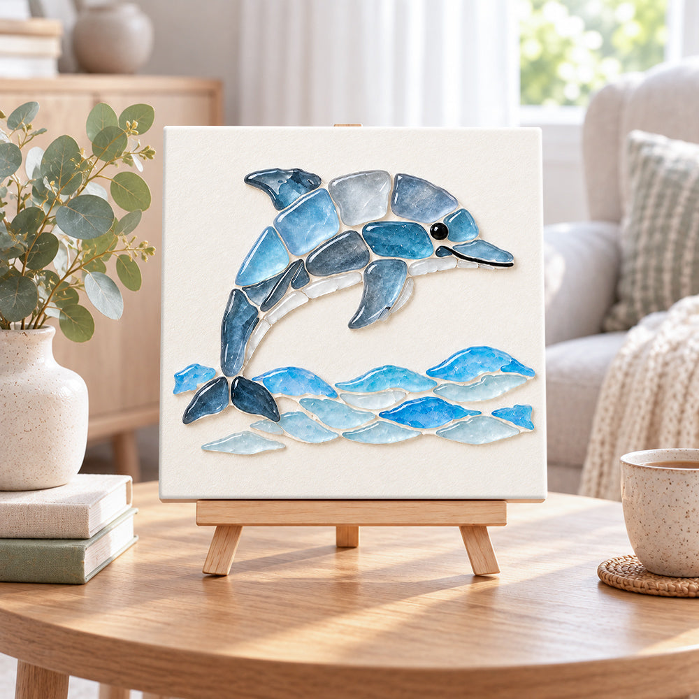 Dolphin sea glass art kit displayed as seasonal home decor
