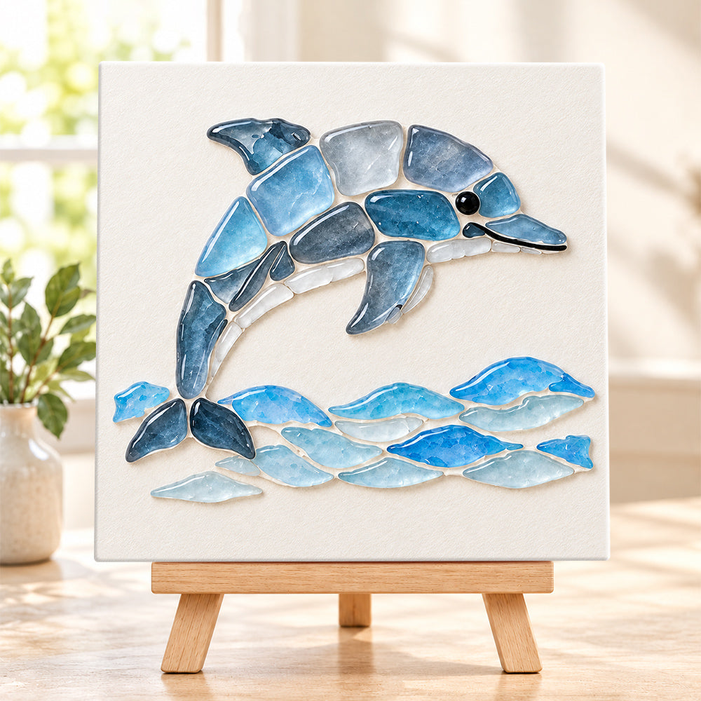 Dolphin sea glass art kit finished artwork on display