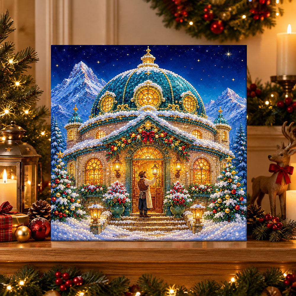 Finished domed christmas mountain chalet pearl diamond painting artwork displayed as holiday home decor