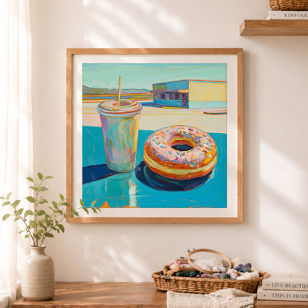 Finished doughnut and iced coffee retro diner cross stitch artwork displayed as home decor