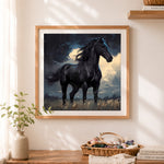 Finished dramatic black horse in rain storm cross stitch artwork displayed as home decor
