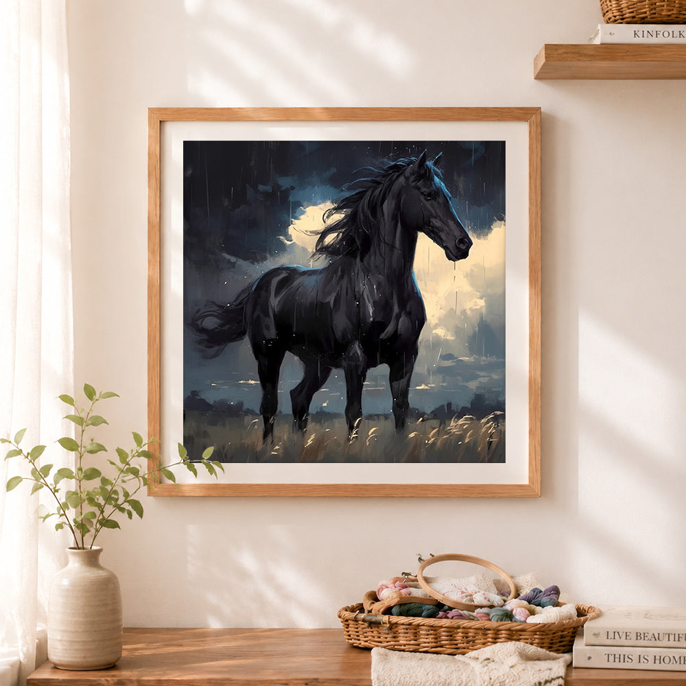 Finished dramatic black horse in rain storm cross stitch artwork displayed as home decor
