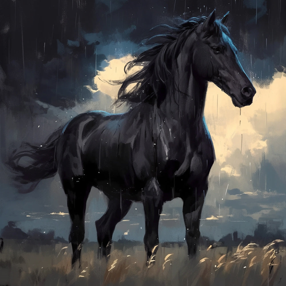 Dramatic black horse in rain storm cross stitch kit for beginners
