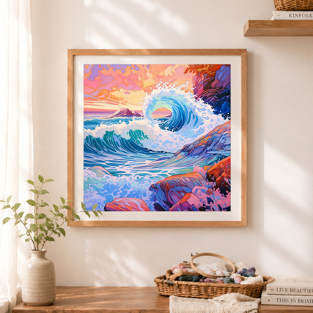 Finished dramatic ocean wave art cross stitch artwork displayed as home decor