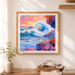 Finished dramatic ocean wave art cross stitch artwork displayed as home decor