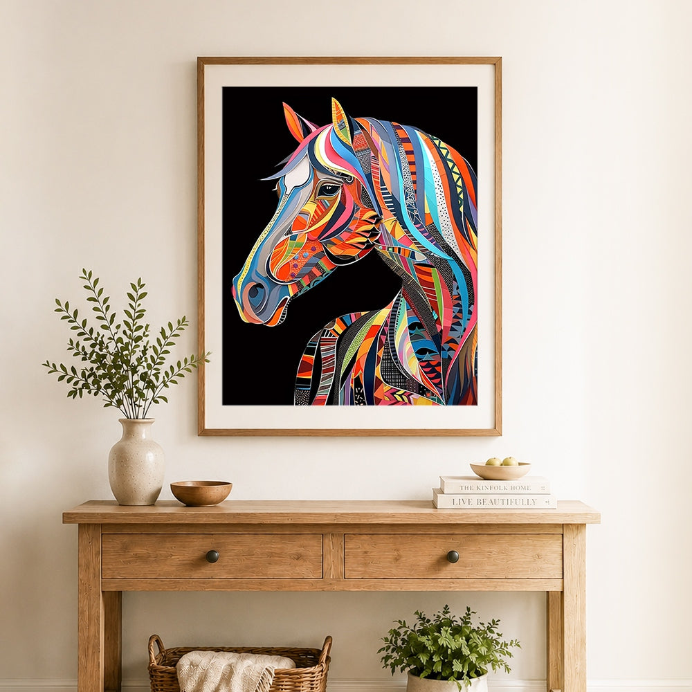 Finished dramatic rainbow horse cross stitch artwork displayed as home decor