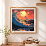 Finished dramatic sailboat riding massive ocean waves cross stitch artwork displayed as home decor