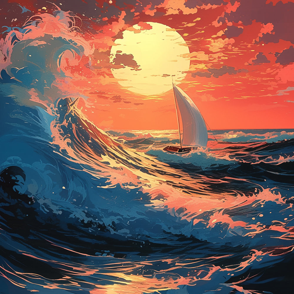 Dramatic sailboat riding massive ocean waves cross stitch kit for beginners
